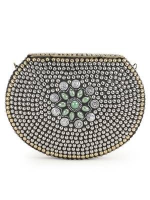 Anekaant Mosaic Silver & Oilve Metal Floral Mosaic Clutch 3