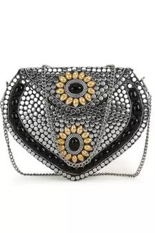 Anekaant Mosaic Silver, Black & Yellow Metal Floral Mosaic Clutch