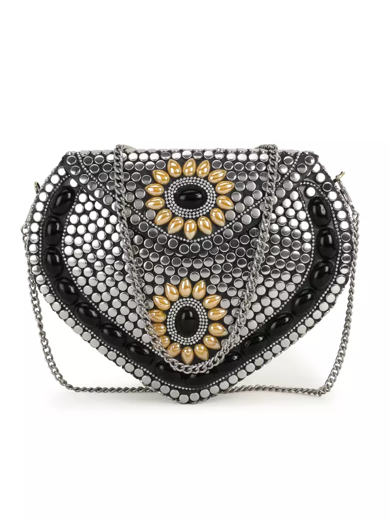 Anekaant Mosaic Silver, Black & Yellow Metal Floral Mosaic Clutch