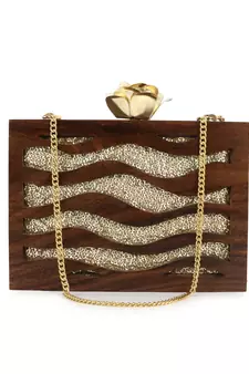 Anekaant Balk Brown & Gold Wooden Wave Moire Wooden Sequined Clutch