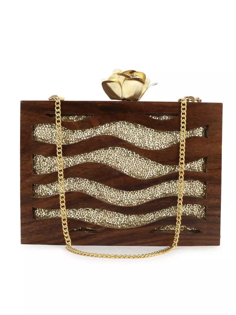 Anekaant Balk Brown & Gold Wooden Wave Moire Wooden Sequined Clutch