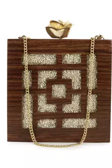 Anekaant Balk Brown & Gold Wooden Geometric Wooden Sequined Clutch