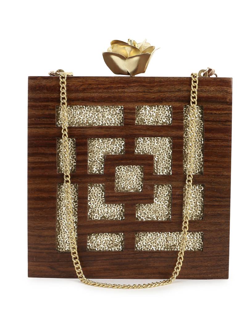 Anekaant Balk Brown & Gold Wooden Geometric Wooden Sequined Clutch