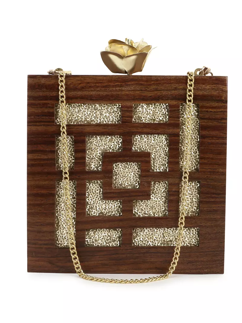 Anekaant Balk Brown & Gold Wooden Geometric Wooden Sequined Clutch