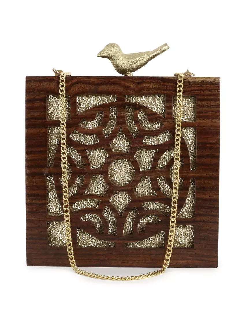 Anekaant Balk Brown & Gold Wooden Abstract Wooden Sequined Clutch