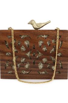 Anekaant Balk Brown & Gold Wooden Ethnic Motifs Wooden Sequined Clutch