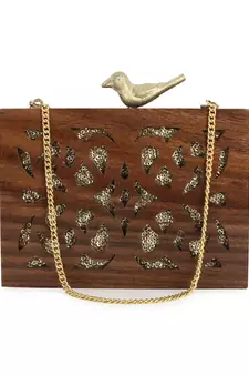 Anekaant Balk Brown & Gold Wooden Ethnic Motifs Wooden Sequined Clutch