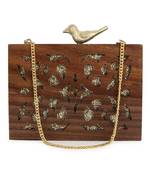 Anekaant Balk Brown & Gold Wooden Ethnic Motifs Wooden Sequined Clutch