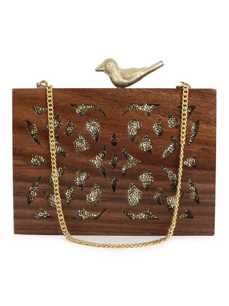 Anekaant Balk Brown & Gold Wooden Ethnic Motifs Wooden Sequined Clutch