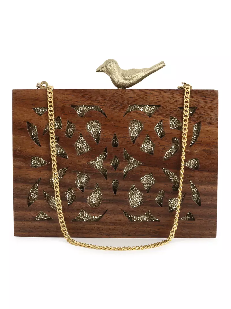 Anekaant Balk Brown & Gold Wooden Ethnic Motifs Wooden Sequined Clutch