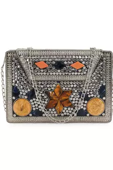 Anekaant Mosaic Silver & Multi Metal & Stone Floral Mosaic Clutch