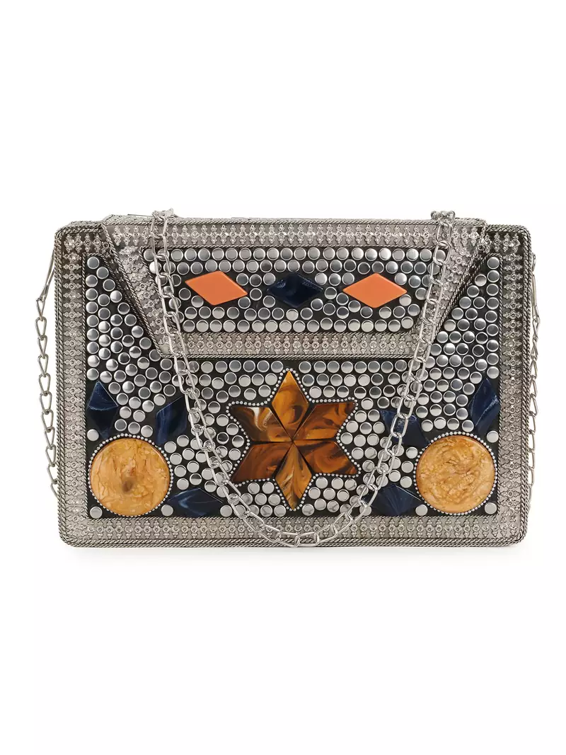 Anekaant Mosaic Silver & Multi Metal & Stone Floral Mosaic Clutch