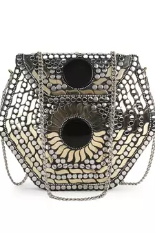 Anekaant Mosaic Silver, Gold & Black Metal & Stone Floral Mosaic Clutch