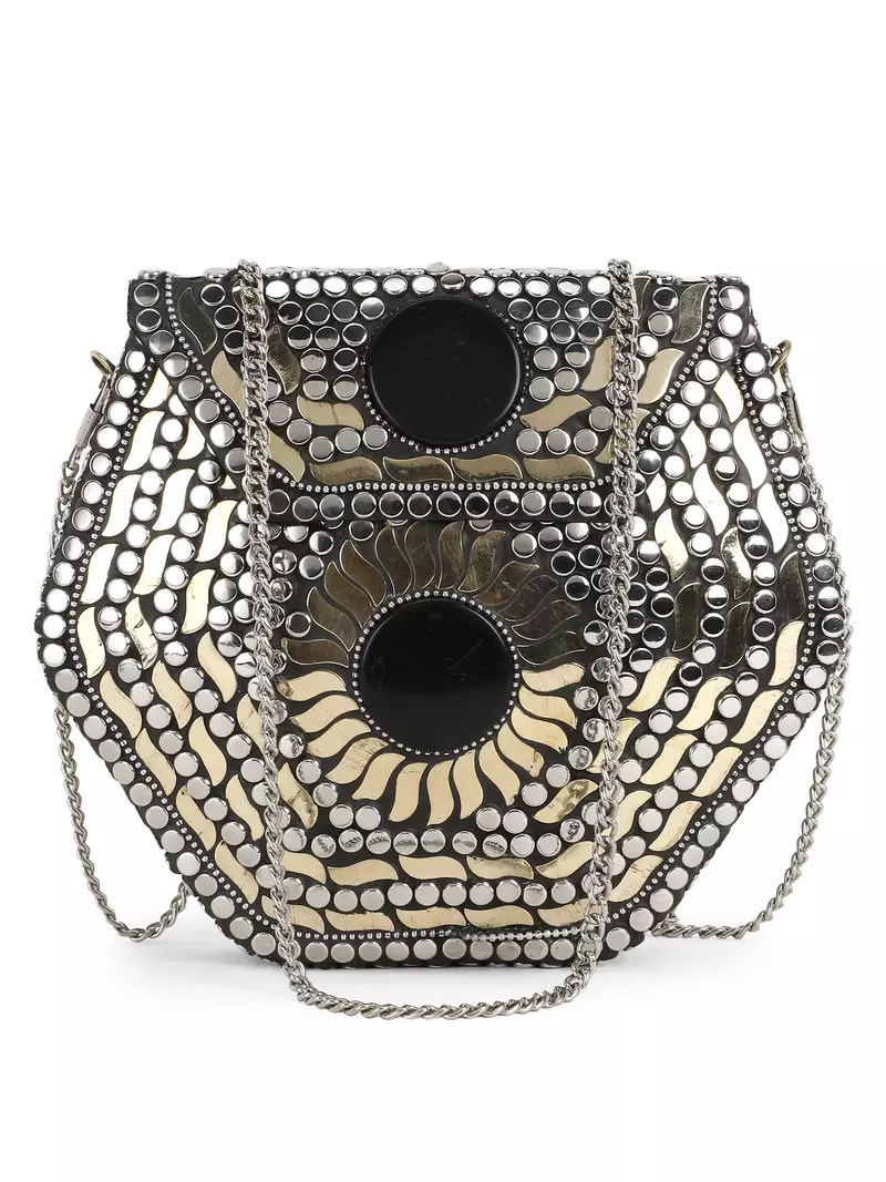 Anekaant Mosaic Silver, Gold & Black Metal & Stone Floral Mosaic Clutch