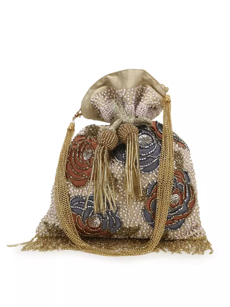 Anekaant Dangle Beige & Multi Faux Silk Floral Embellished potlibags