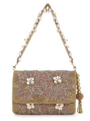 Anekaant Coffer Gold, Silver & Pink Faux Silk Floral Embellished Clutch 1
