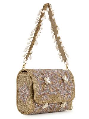 Anekaant Coffer Gold, Silver & Pink Faux Silk Floral Embellished Clutch 2