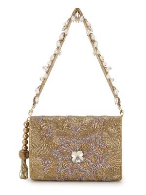 Anekaant Coffer Gold, Silver & Pink Faux Silk Floral Embellished Clutch 3