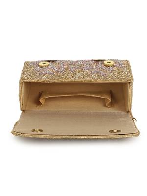 Anekaant Coffer Gold, Silver & Pink Faux Silk Floral Embellished Clutch 4