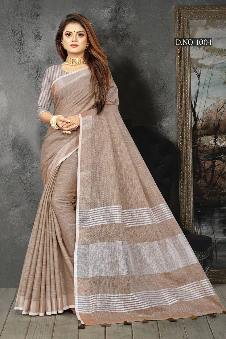Brown woven linen saree with blouse