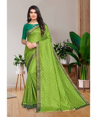 Indian Women Parrot Green VICHITRA SILK Designer Saree 1