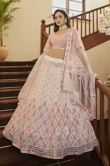 Pearl White gota, thread and sequins embroidered georgette semi stitched lehenga