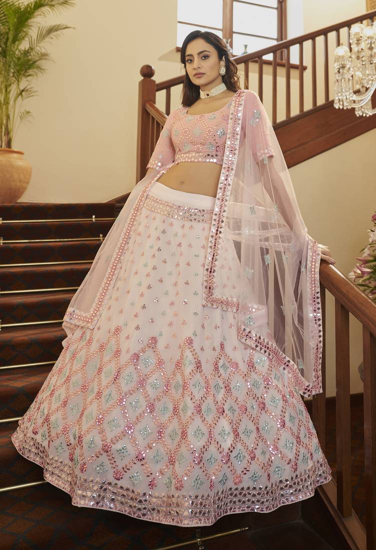Pearl White gota, thread and sequins embroidered georgette semi stitched lehenga