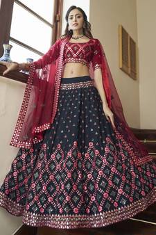 Teal blue & Maroon Gota Patti with Thread and sequins embroidered georgette semi stitched lehenga