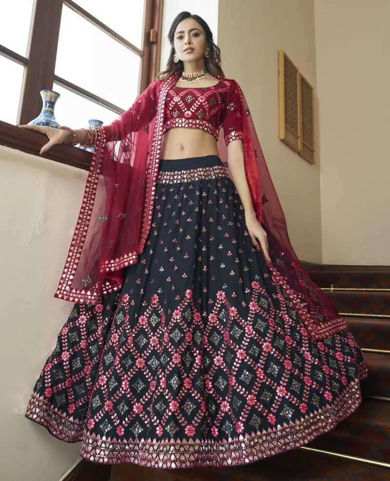 Teal blue & Maroon Gota Patti with Thread and sequins embroidered georgette semi stitched lehenga