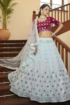 Sky blue & Deep Pink Gota Patti with thread and sequins embroidered georgette semi stitched lehenga