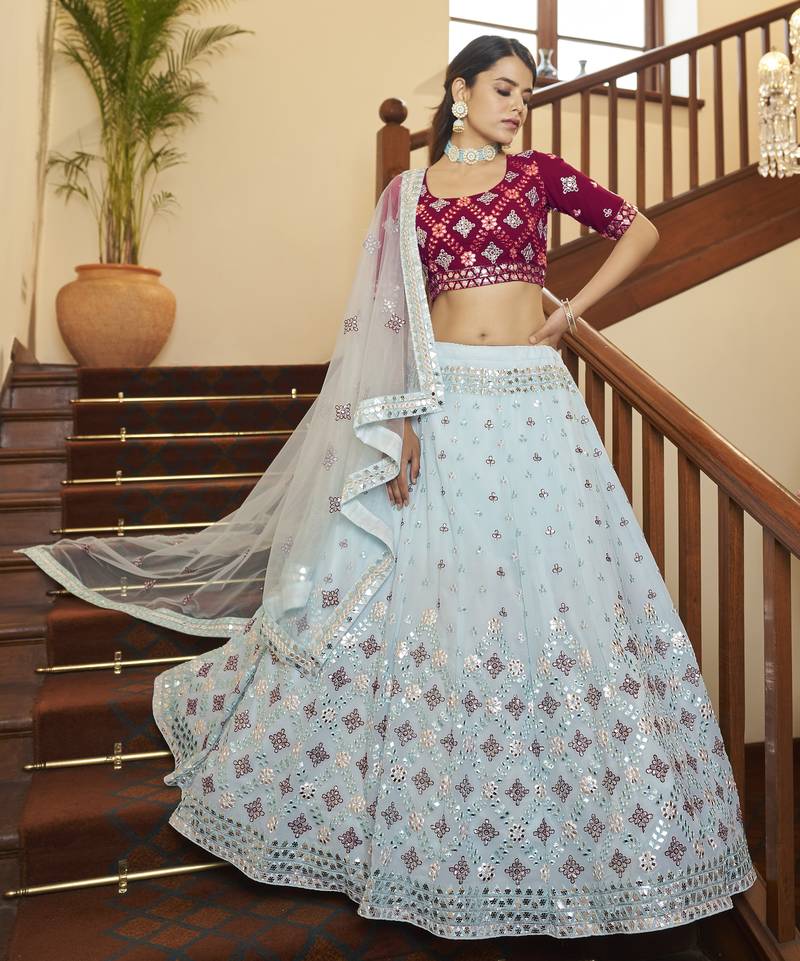 Sky blue & Deep Pink Gota Patti with thread and sequins embroidered georgette semi stitched lehenga