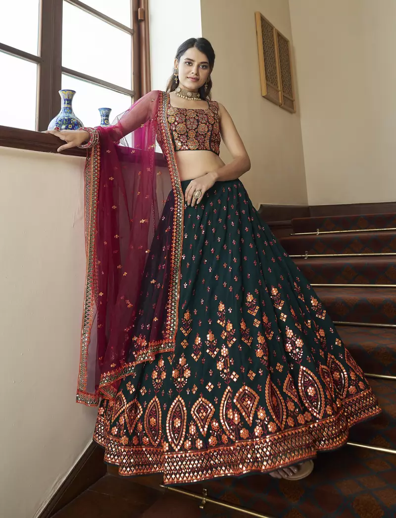 Green & Deep Pink Gotta patti with thread and sequins embroidered georgette semi stitched lehenga