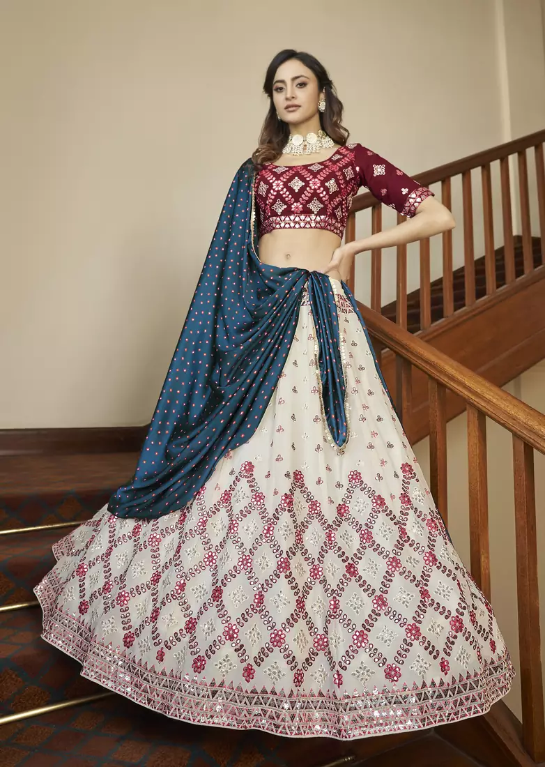Beige & maroon Gota with thread and sequins embroidered georgette lehenga choli with gajji-silk teal blue dupatta