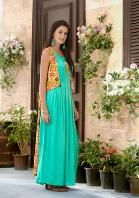 Designer Sea Green & Mustard Rayon Kurti  3