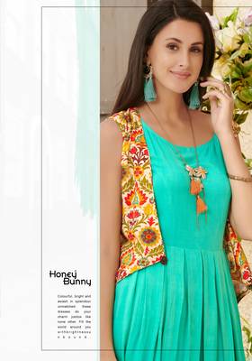Designer Sea Green & Mustard Rayon Kurti  4