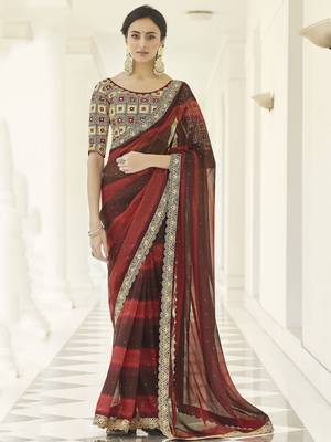 Red embroidered organza saree with blouse 1
