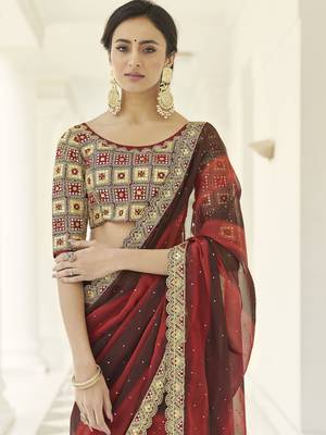 Red embroidered organza saree with blouse 2