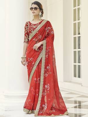Red embroidered organza saree with blouse 1