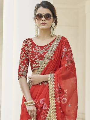 Red embroidered organza saree with blouse 2