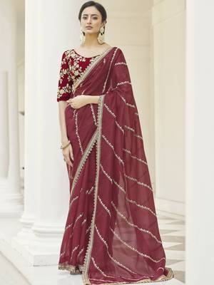 Maroon embroidered organza saree with blouse 1