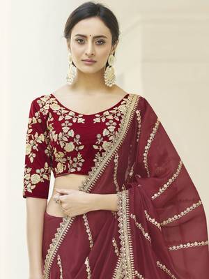 Maroon embroidered organza saree with blouse 2