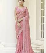 Baby pink embroidered georgette saree with blouse