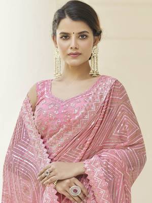 Baby pink embroidered georgette saree with blouse 2