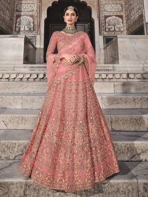 Peach embroidered net semi stitched lehenga 1