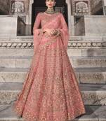 Peach embroidered net semi stitched lehenga