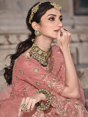 Peach embroidered net semi stitched lehenga 2