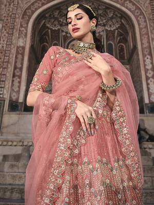 Peach embroidered net semi stitched lehenga 3