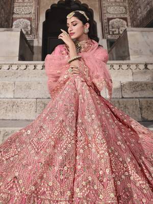 Peach embroidered net semi stitched lehenga 4