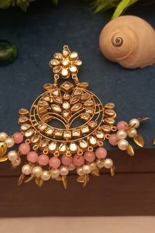 Pink maang-tikka with Earrings in Very Light Weight Kundan for Wedding