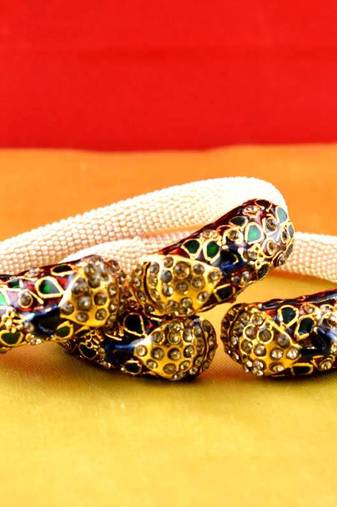 Gold Moti Stone Cz Polki Kundun Meenakari Pearl Bangle Kara With Stretchable